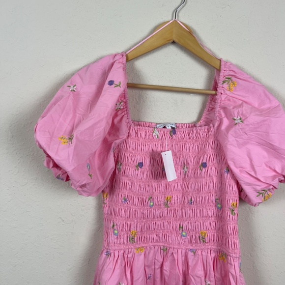 English Factory Smocked Ballon Sleeve Pink Mini Dress Size Medium - Picture 4 of 8